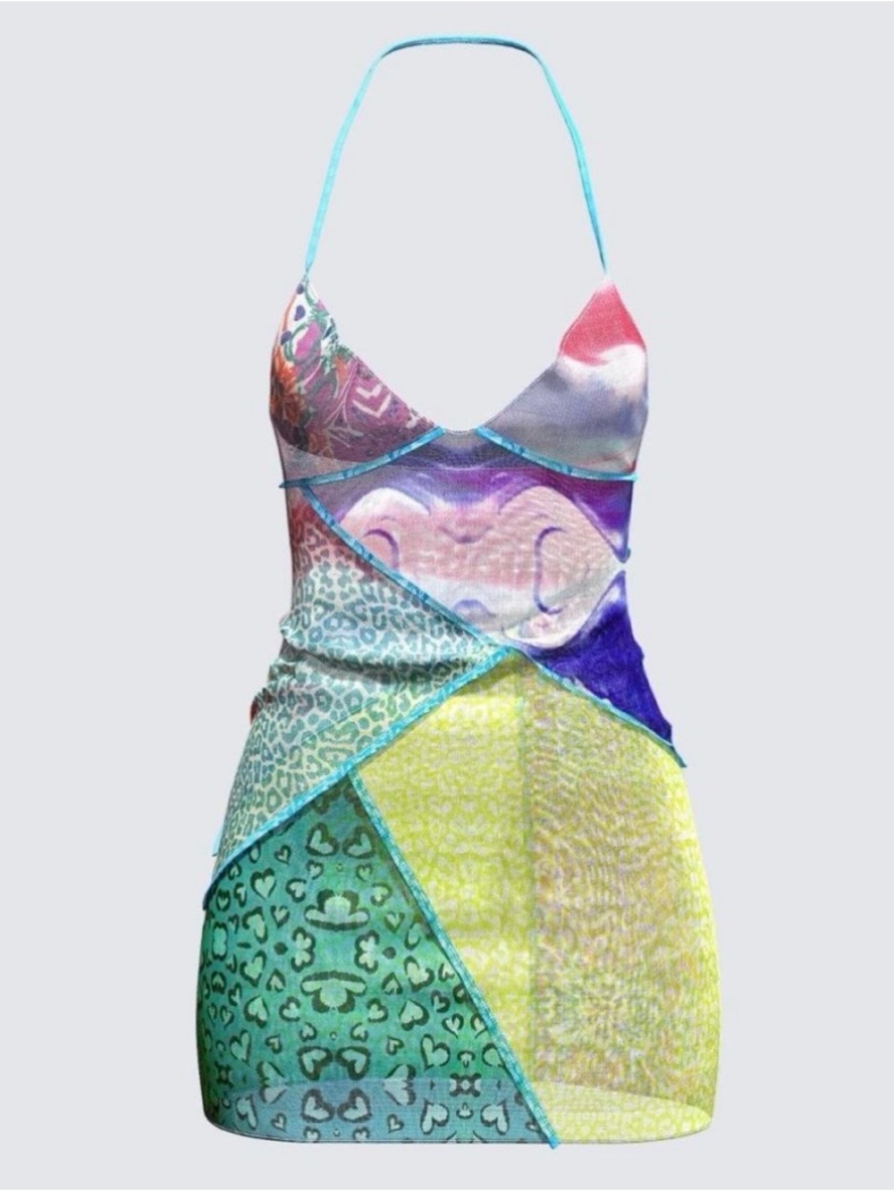 Multicolor Patchwork Mesh Mini Dress in Blue, Purple, Yellow & Pink - Picture 3 of 4